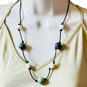 FreshWater Baroque Pearl Necklace Lava Stone Bead‎ VTG Beaded Leather BOHO 22"